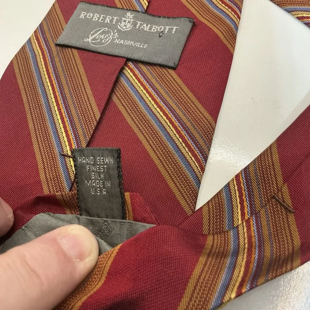 Robert Talbott Levy’s Nashville Men’s Silk Tie Red Gold Blue Stripe Hand Sewn US